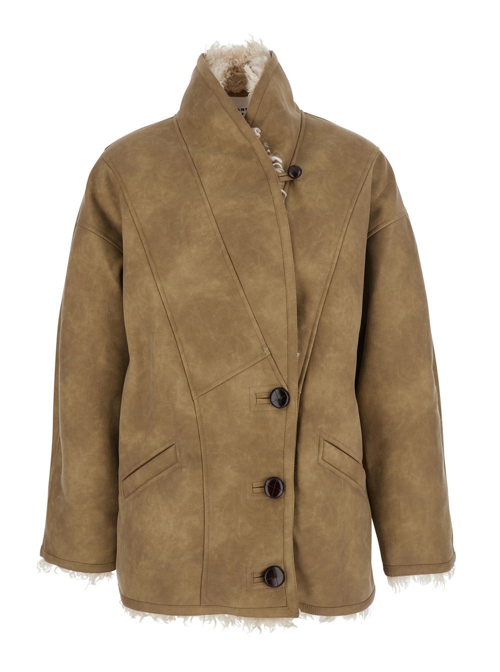 Beige Shearling Coat With High Collar And Button Closure Ecoleather Faux Fur Woman Polyester Jackets Furs