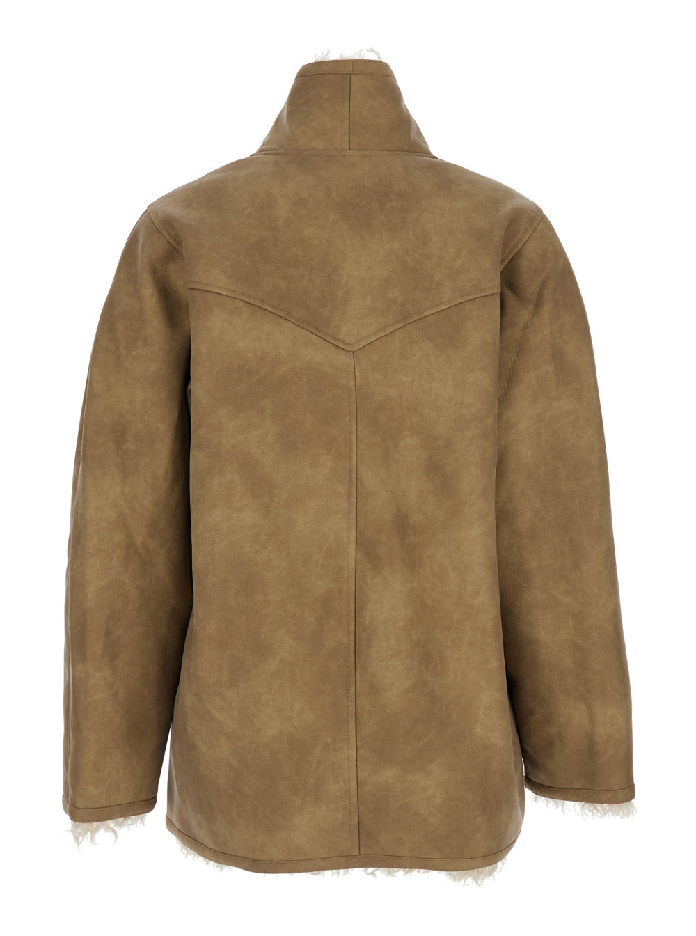 Beige Shearling Coat With High Collar And Button Closure Ecoleather Faux Fur Woman Polyester Jackets Furs