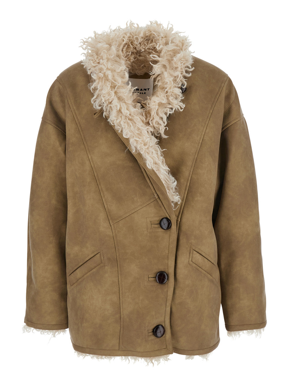Beige Shearling Coat With High Collar And Button Closure Ecoleather Faux Fur Woman Polyester Jackets Furs