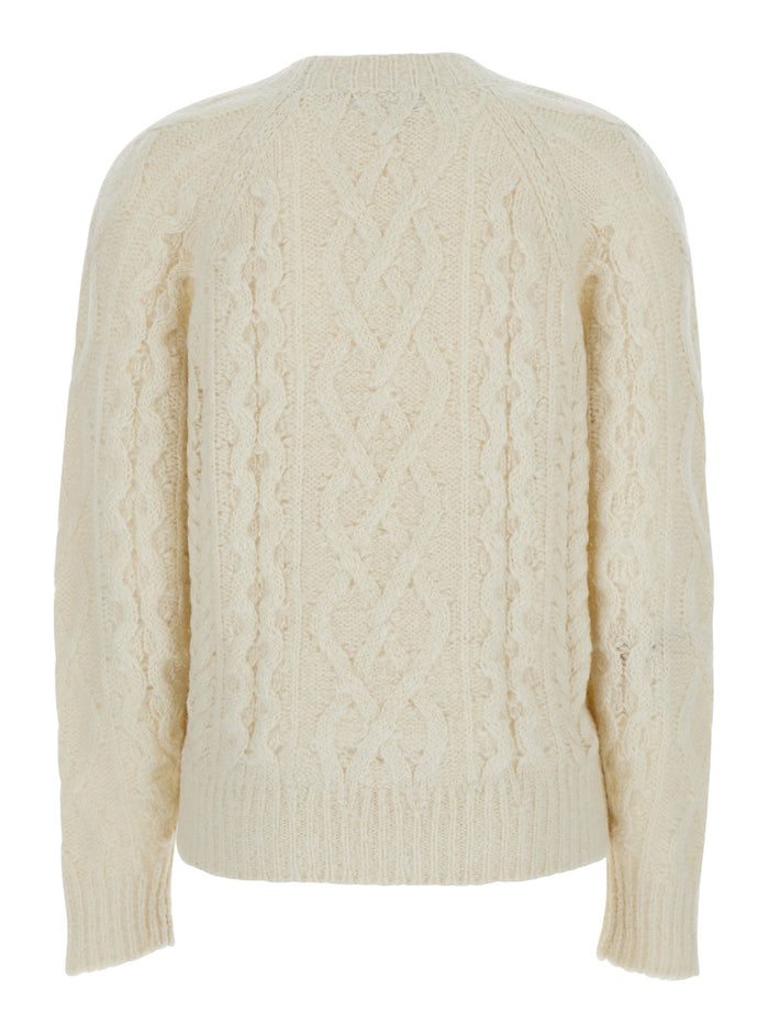 White Crew Neck Sweater with Braided Design in Wool Woman Jersey