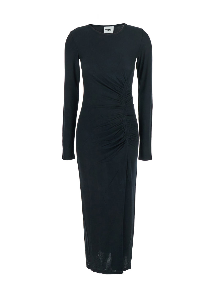 Black Midi Dress With Round Neck And Ruched Details Modal