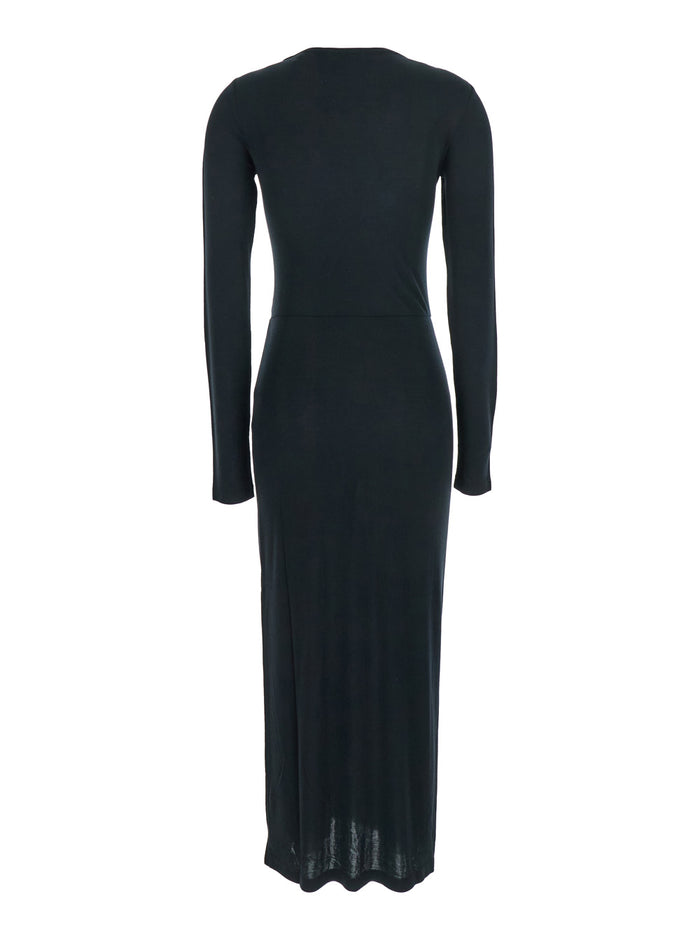 Jelina Black Midi Dress with Round Neck and Ruched Details in Modal Stretch Woman Elastan