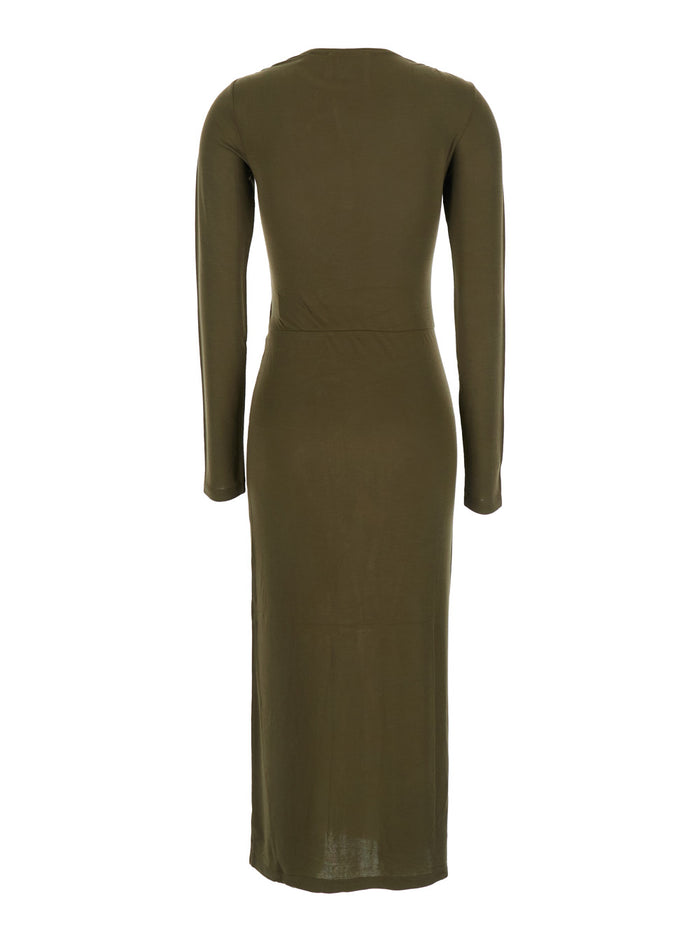 Jelina Green Midi Dress with Round Neck and Ruched Details in Modal Stretch Woman Elastan