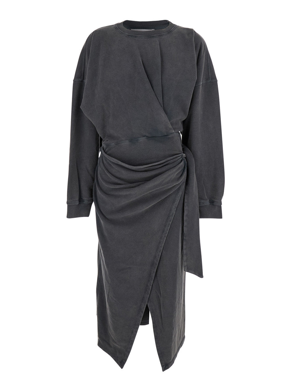 Black Crew Neck Dress With Knot Detail And Long Sleeves Cotton Woman