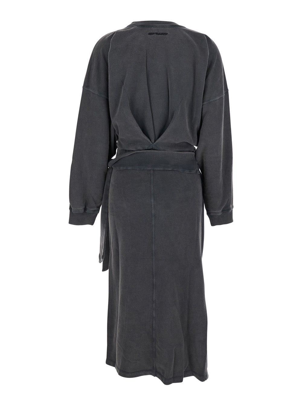 Black Crew Neck Dress With Knot Detail And Long Sleeves Cotton Woman