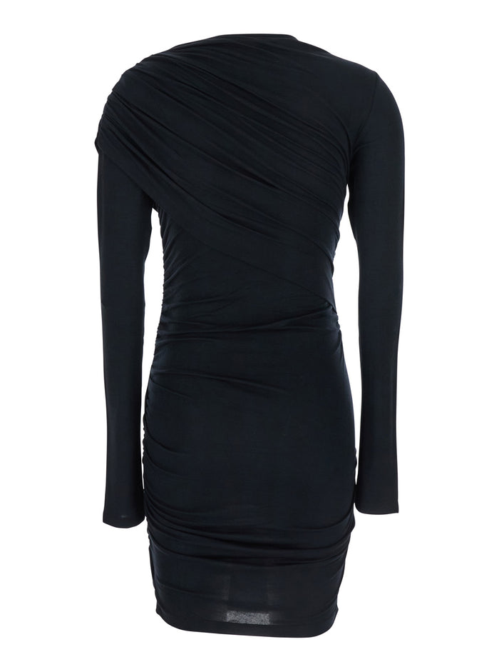 Denise Black Dress With Round Neckline And Ruffle Design Fabric Woman