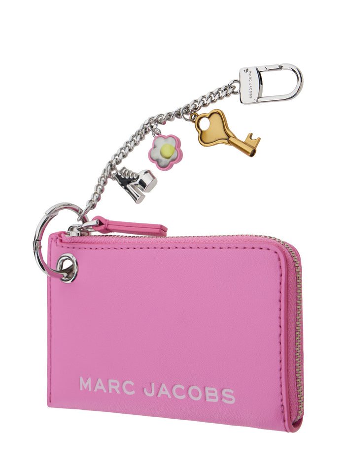 The Coin Purse Charm Pink Keychain with Logo Lettering on Front and Embellishments in Grained Leather Woman Products