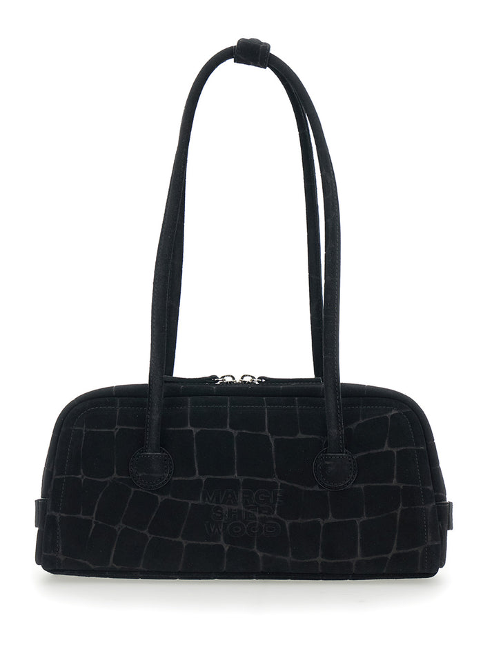 Boston Black Shoulder Bag with Embossed Logo Lettering on the Front in Suede Woman