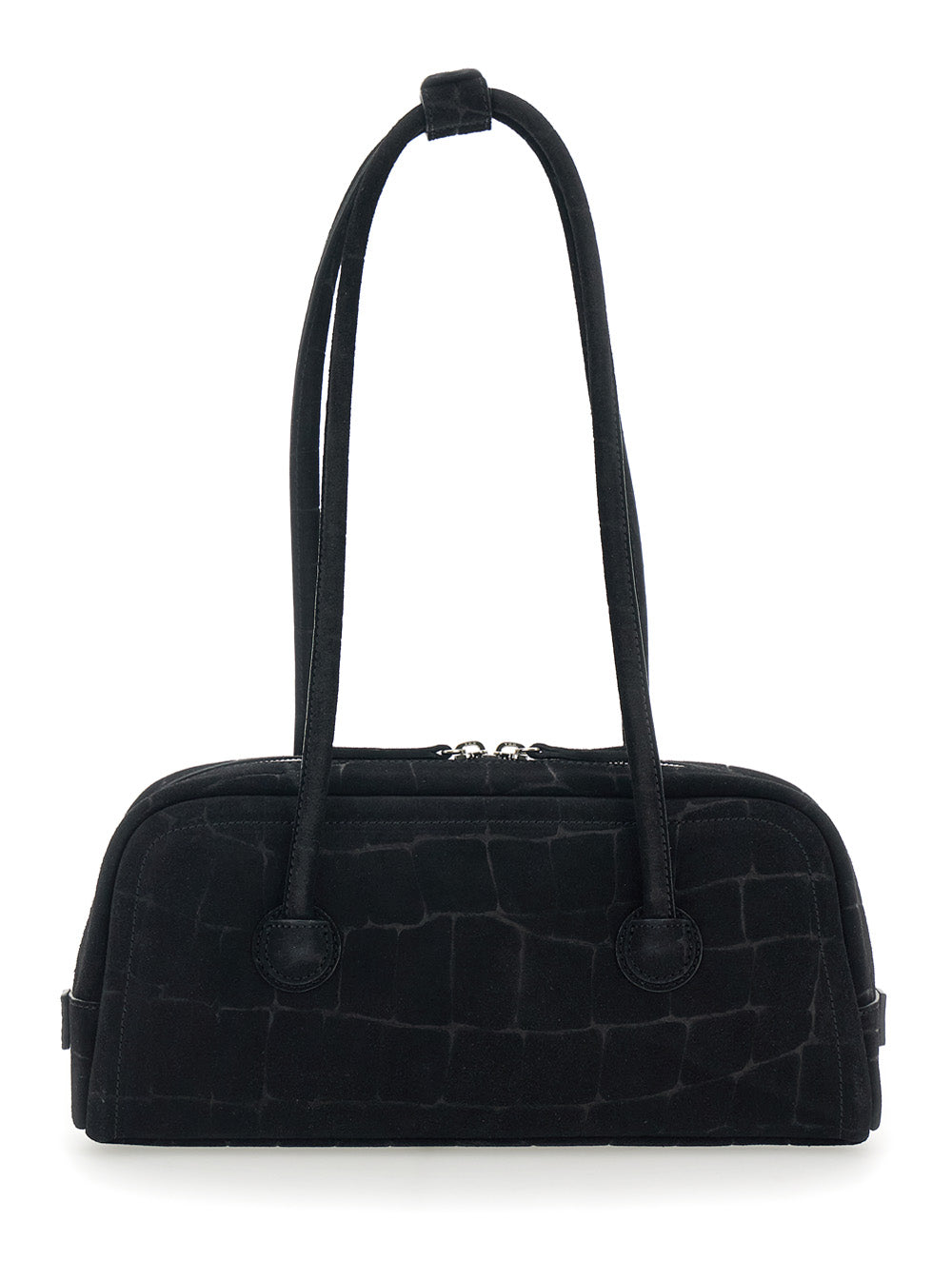 Boston Black Shoulder Bag with Embossed Logo Lettering on the Front in Suede Woman