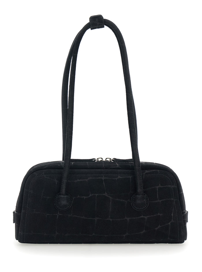 Boston Black Shoulder Bag with Embossed Logo Lettering on the Front in Suede Woman