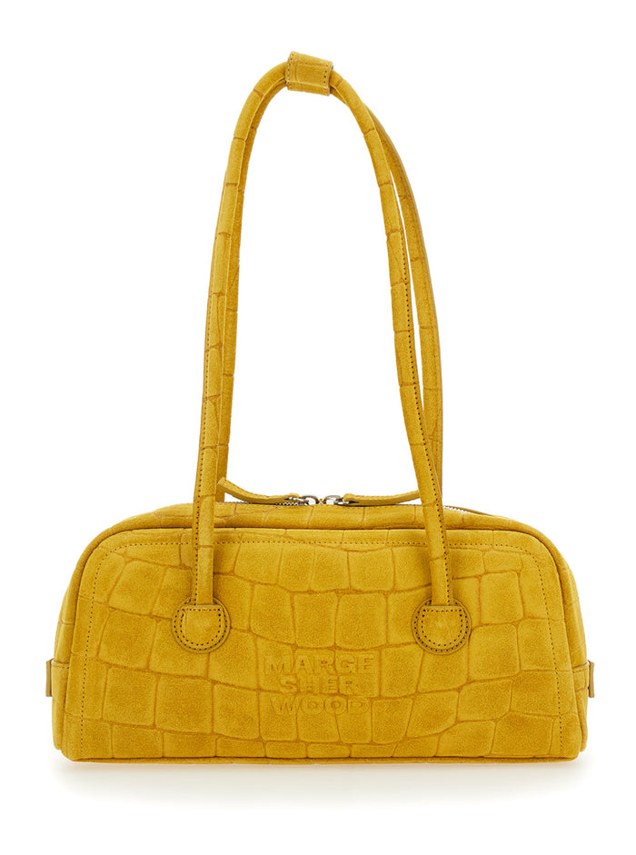 Boston Yellow Shoulder Bag with Embossed Logo Lettering on the Front in Suede Woman