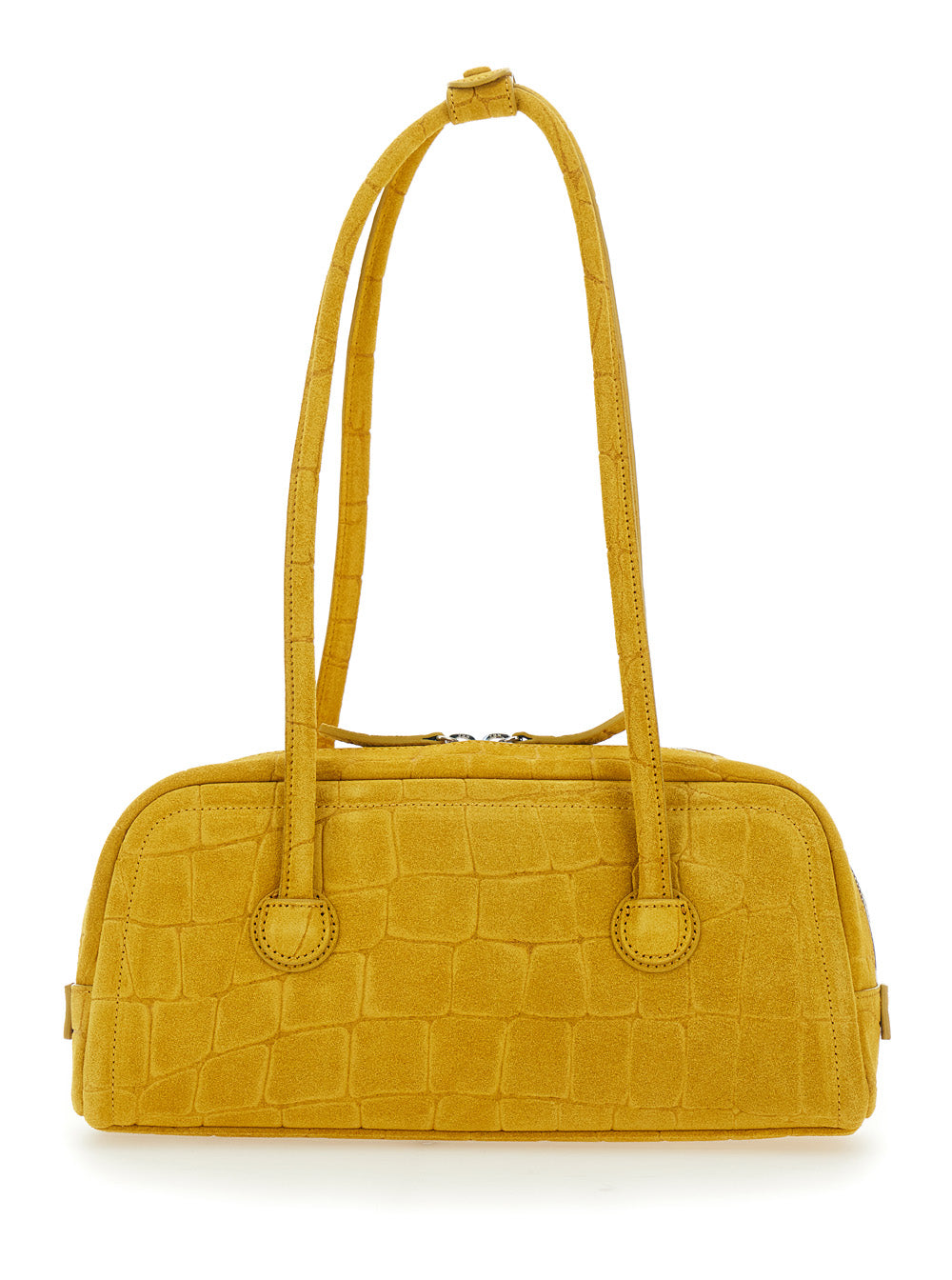 Boston Yellow Shoulder Bag with Embossed Logo Lettering on the Front in Suede Woman