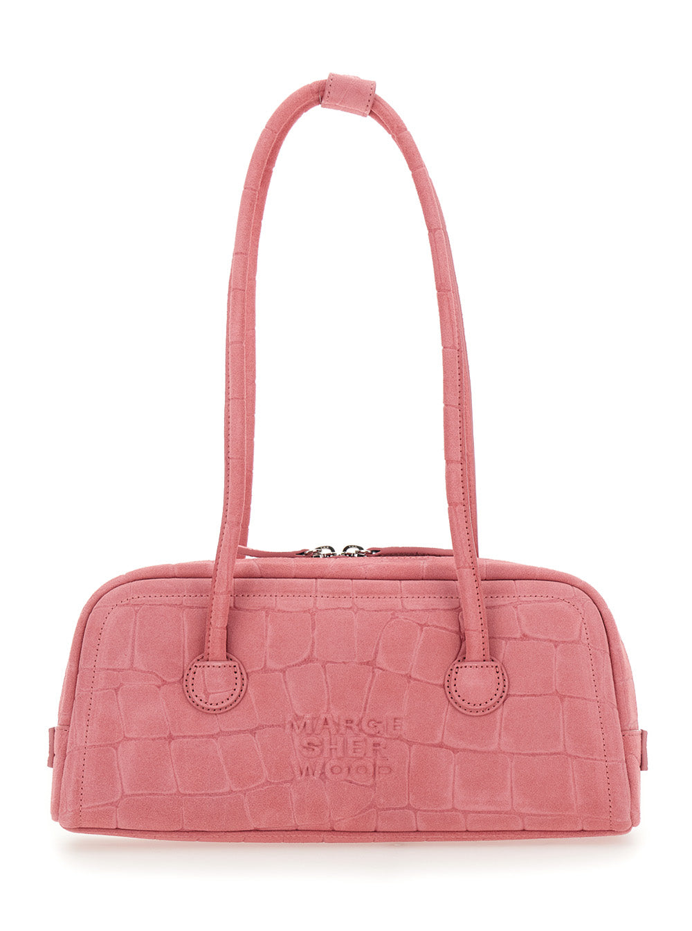 Boston Pink Shoulder Bag with Embossed Logo Lettering on the Front in Suede Woman