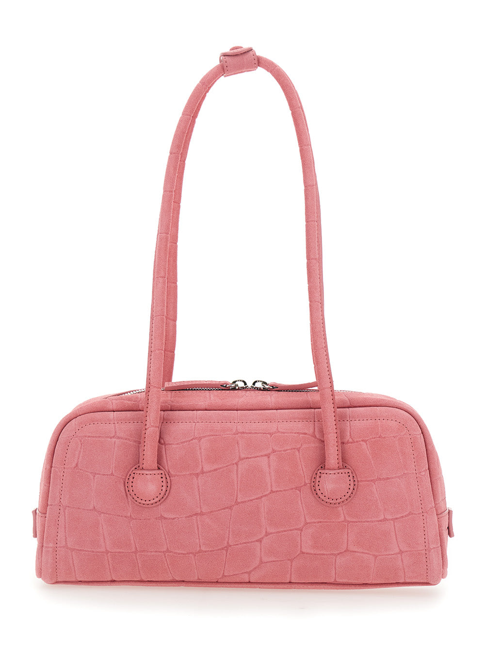 Boston Pink Shoulder Bag with Embossed Logo Lettering on the Front in Suede Woman