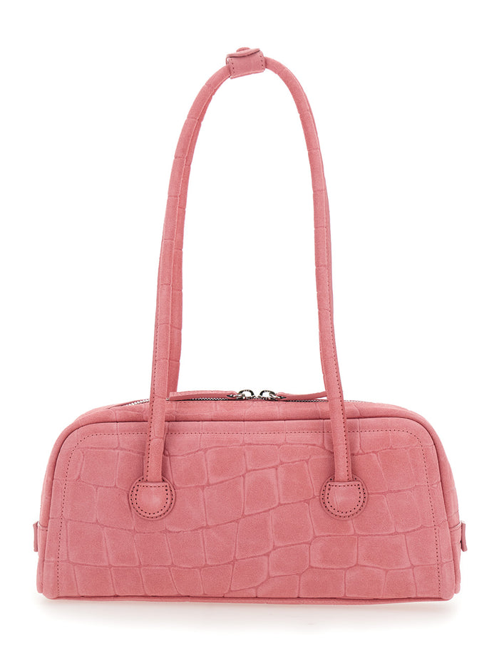 Boston Pink Shoulder Bag with Embossed Logo Lettering on the Front in Suede Woman