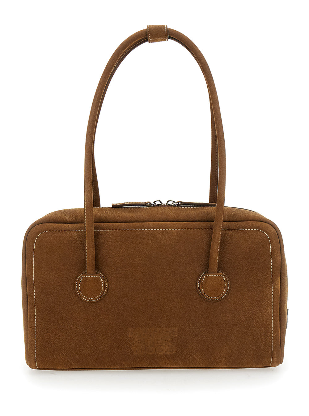 Boston Beige Shoulder Bag With Embossed Logo Lettering On The Front Leather Woman Brown