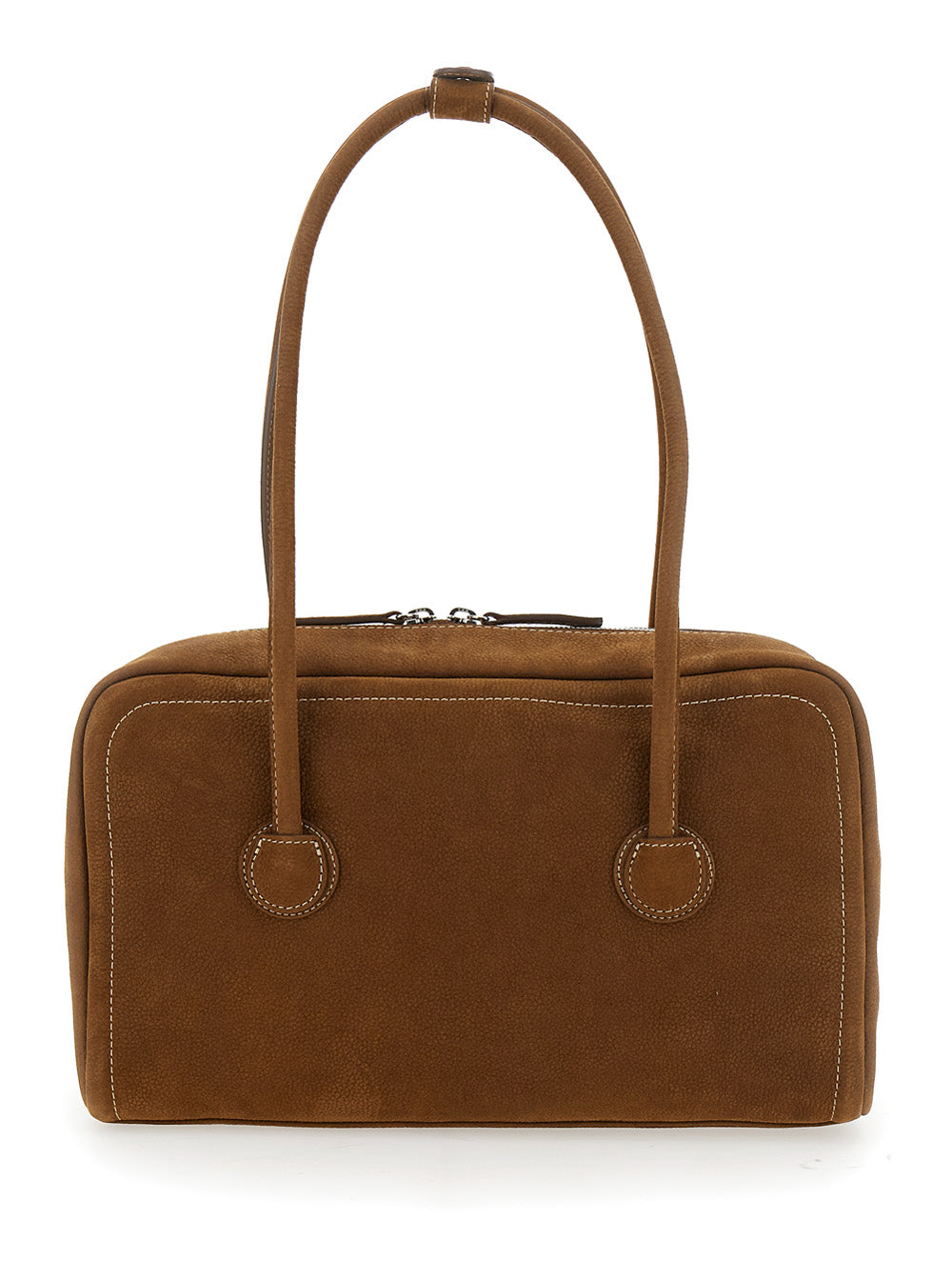 Boston Beige Shoulder Bag With Embossed Logo Lettering On The Front Leather Woman Brown