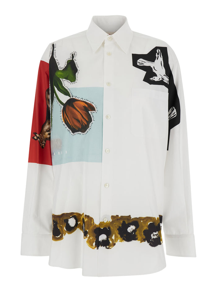 White Shirt With Classic Collar And Graphic Print On The Front Cotton Woman Blouses