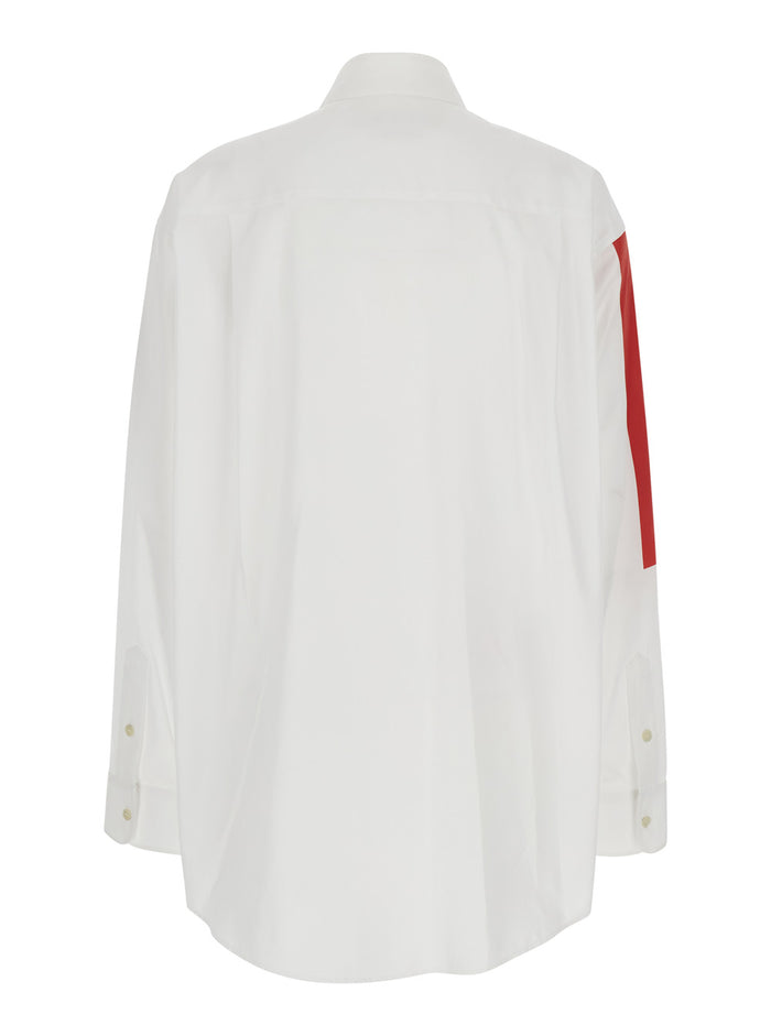 White Shirt With Classic Collar And Graphic Print On The Front Cotton Woman Blouses