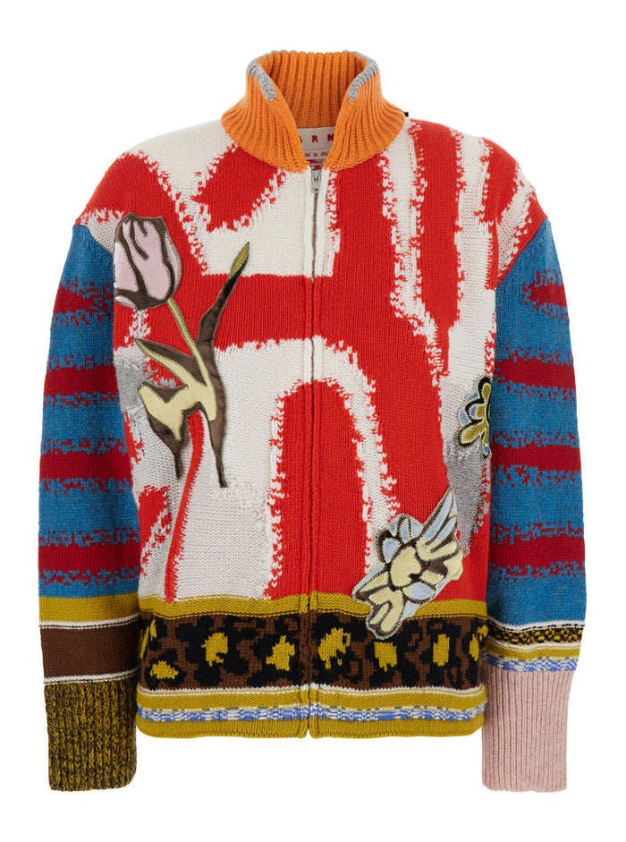 Multicolor Patchwork Cardigan With High Neck Virgin Wool Woman Jersey
