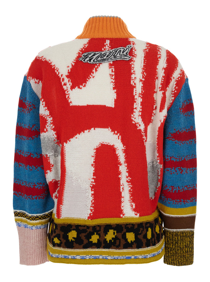 Multicolor Patchwork Cardigan With High Neck Virgin Wool Woman Jersey