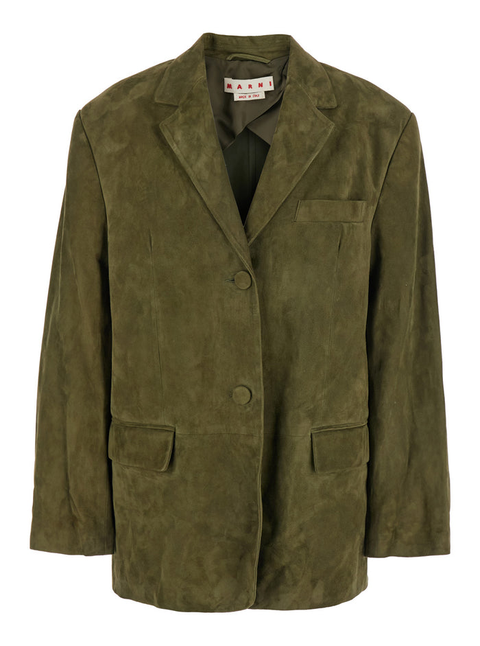 Green Single-Breasted Jacket With Notched Revers And Logo Patch On The Rear Suede Woman Ovine Blazers