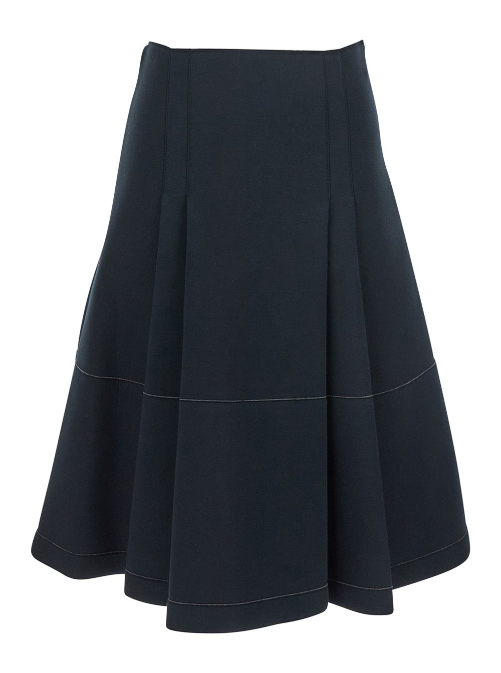 Black Pleated Midi Skirt With Concealed Side Zip Closure And Logo Patch On The Rear Cotton Stretch Woman Elastane