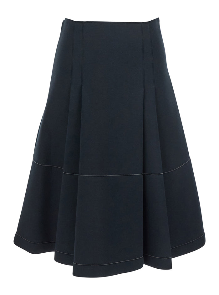 Black Pleated Midi Skirt With Concealed Side Zip Closure And Logo Patch On The Rear Cotton Stretch Woman Elastane
