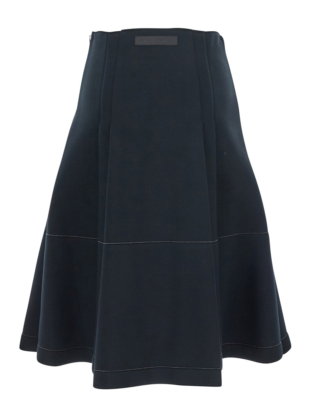 Black Pleated Midi Skirt With Concealed Side Zip Closure And Logo Patch On The Rear Cotton Stretch Woman Elastane