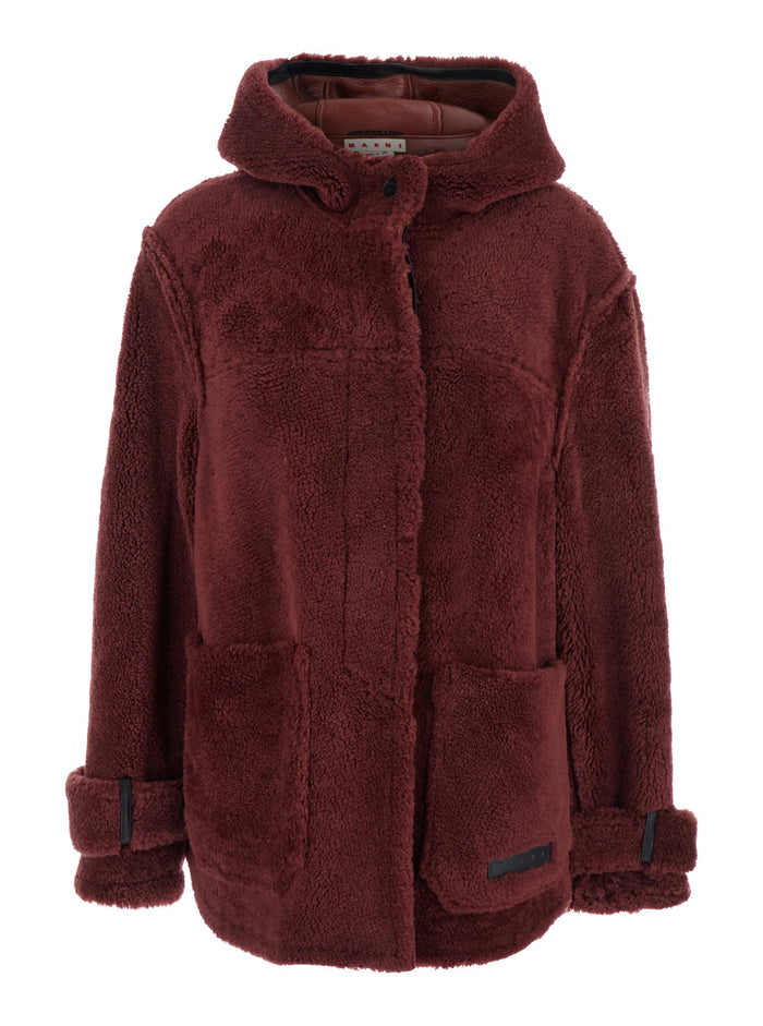 Bordeaux Jacket With Hood Buttons And Logo Patch On The Front Fur Woman Lamb