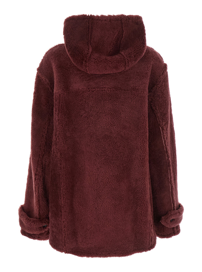 Bordeaux Jacket With Hood Buttons And Logo Patch On The Front Fur Woman Lamb