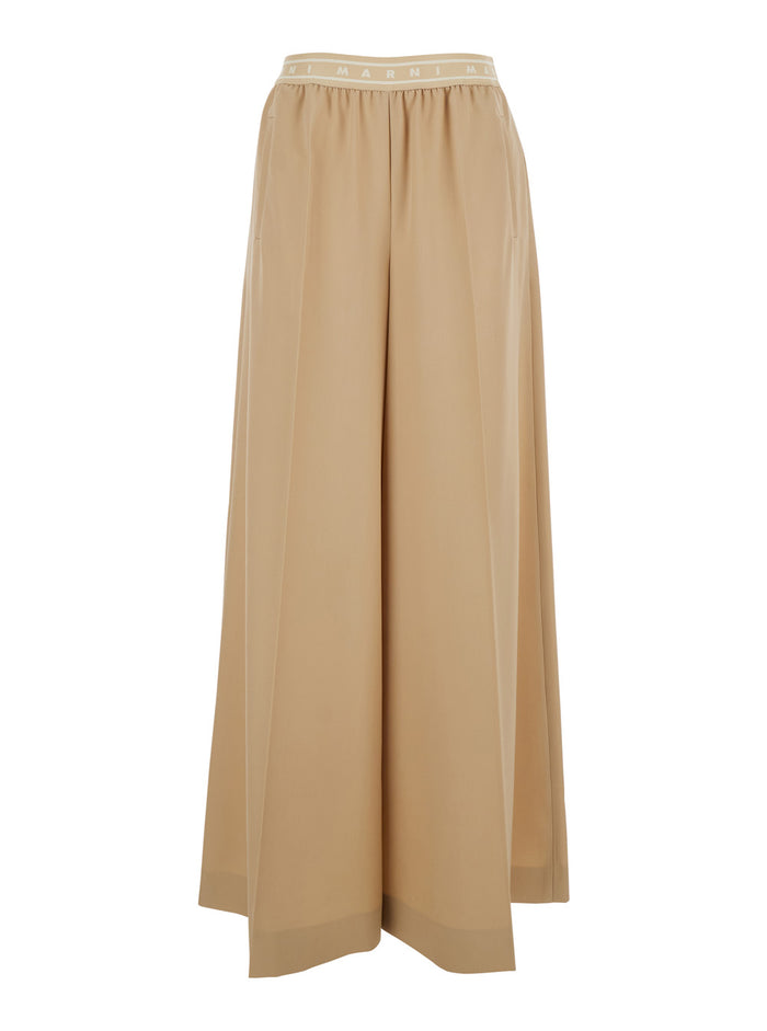 Beige Pants With Elastic Waist And Logo Lettering Wool Woman Virgin Trousers