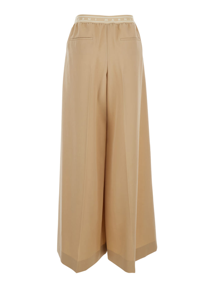 Beige Pants With Elastic Waist And Logo Lettering Wool Woman Virgin Trousers
