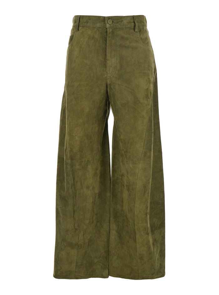 Green Pants With Wide Leg And Logo Patch On The Rear Suede Woman Ovine Trousers