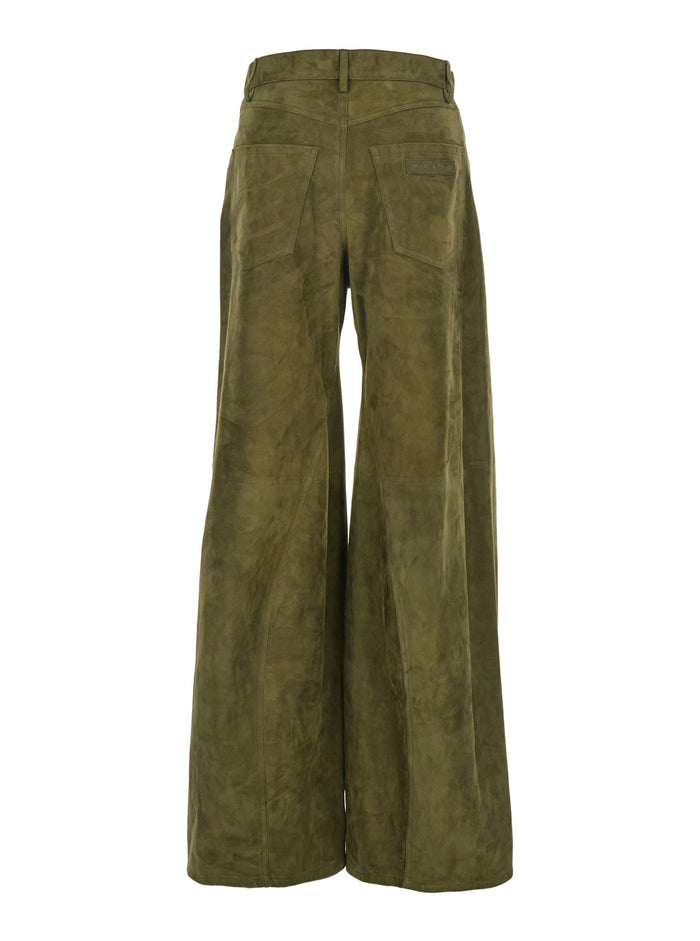 Green Pants With Wide Leg And Logo Patch On The Rear Suede Woman Ovine Trousers