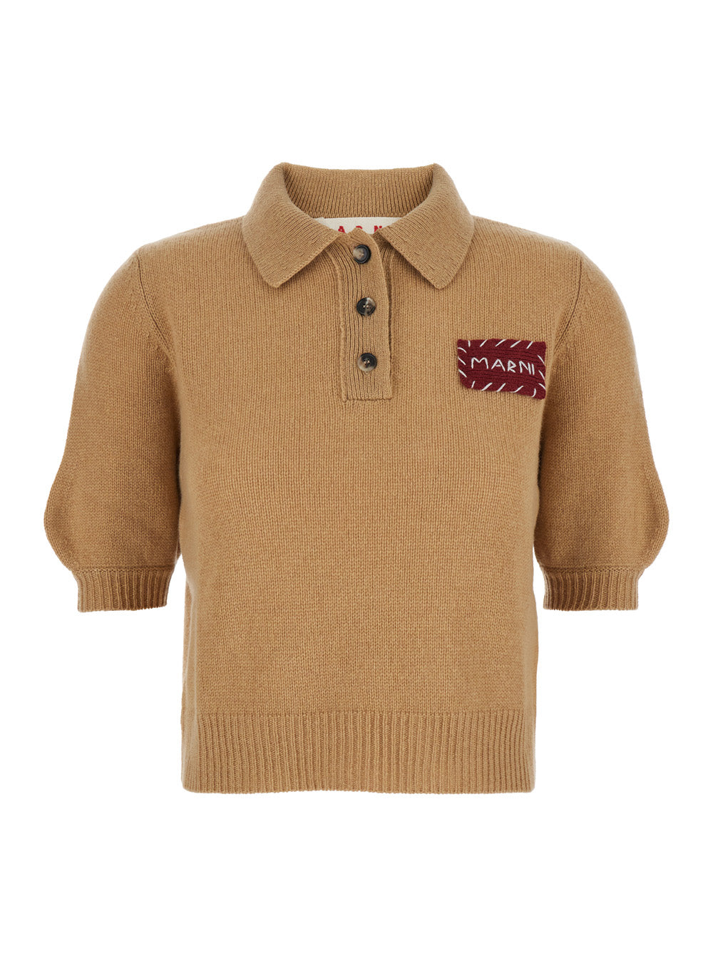 Beige Polo Sweater With Classic Collar And Logo Patch On The Front Cashmere Woman Tshirts Shirts
