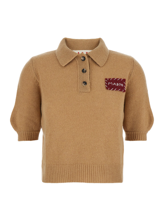 Beige Polo Sweater With Classic Collar And Logo Patch On The Front Cashmere Woman Tshirts Shirts