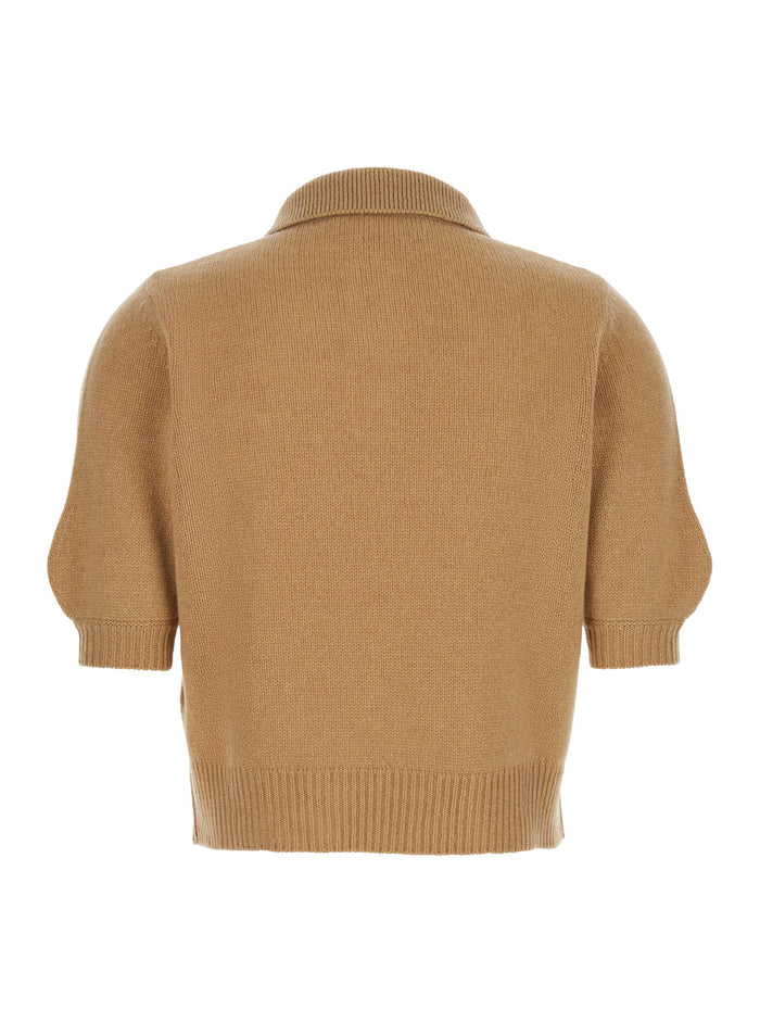 Beige Polo Sweater With Classic Collar And Logo Patch On The Front Cashmere Woman Tshirts Shirts