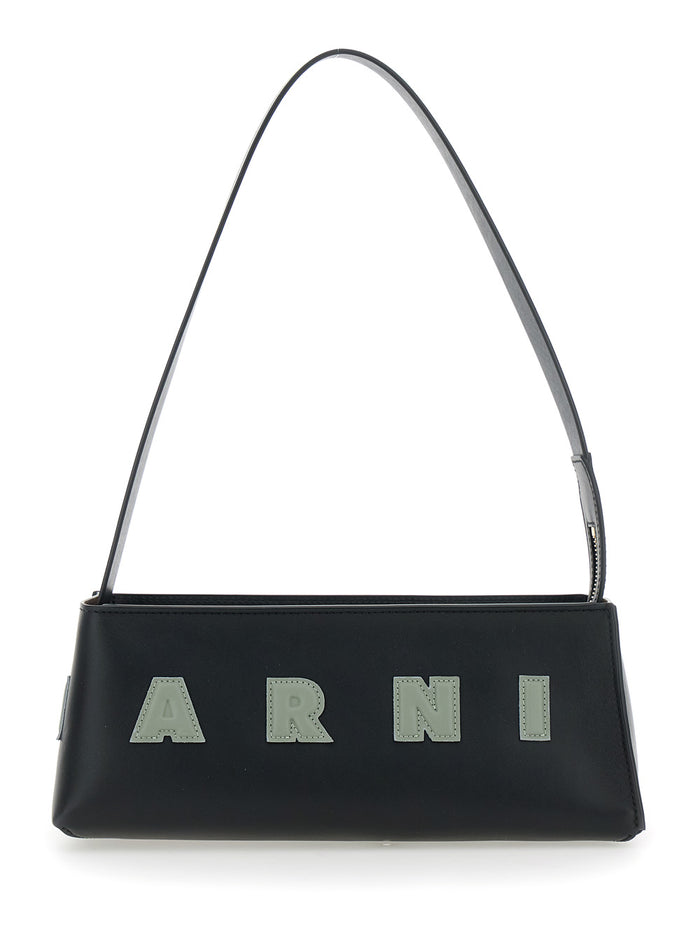 Museo Black Shoulder Bag With Thin Strap And Contrasting Logo On The Front Leather Woman Calf