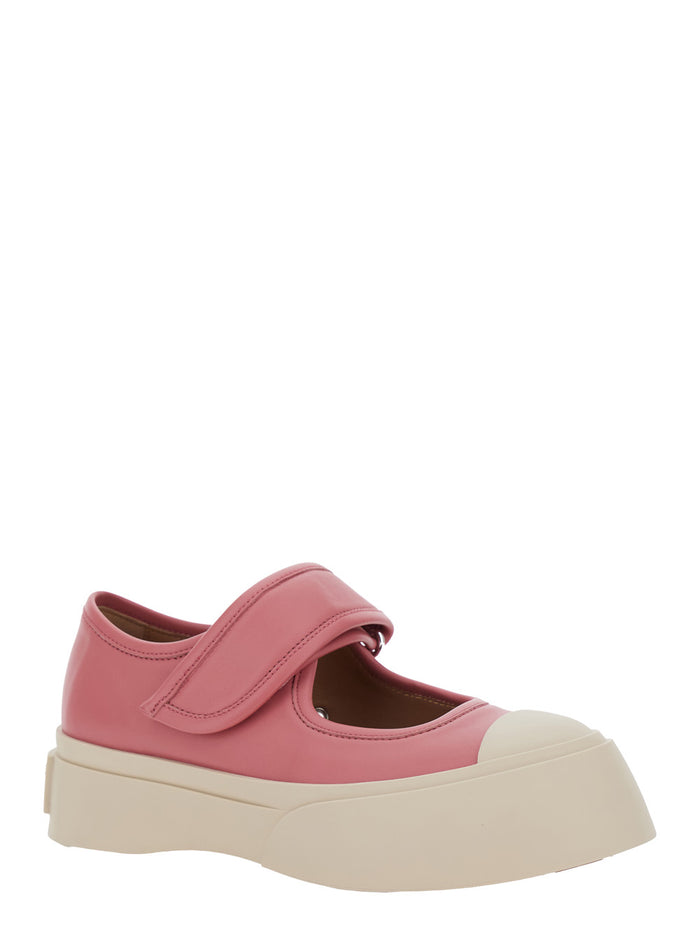Mary Jane Pink Sandals with Touch-Strap Closure and Logo Patch on the Rear in Leather Woman Calf Sneaker