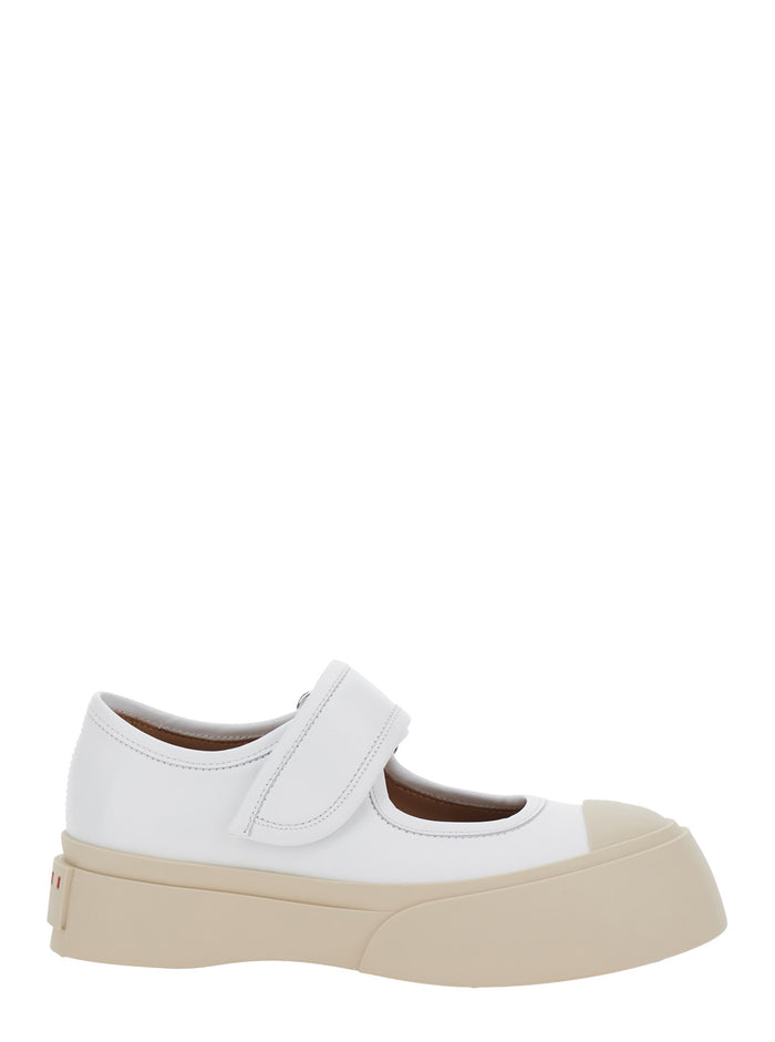 Mary Jane White Sandals with Touch-Strap Closure and Logo Patch on the Rear in Leather Woman Calf Sneaker