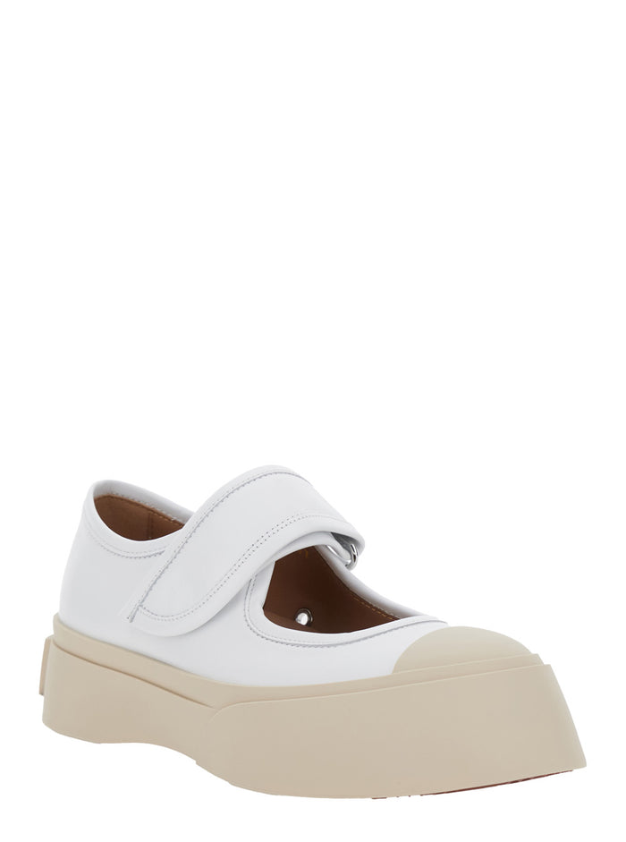 Mary Jane White Sandals with Touch-Strap Closure and Logo Patch on the Rear in Leather Woman Calf Sneaker