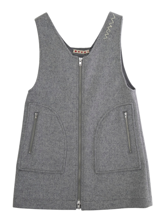 Grey Sleeveless Dress With Logo Embroidery On The Front Wool Blend Girl