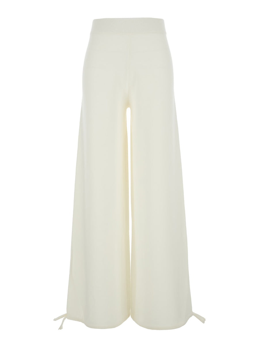 White Wool Wide Leg Pants With Elastic Waist Virgin Trousers