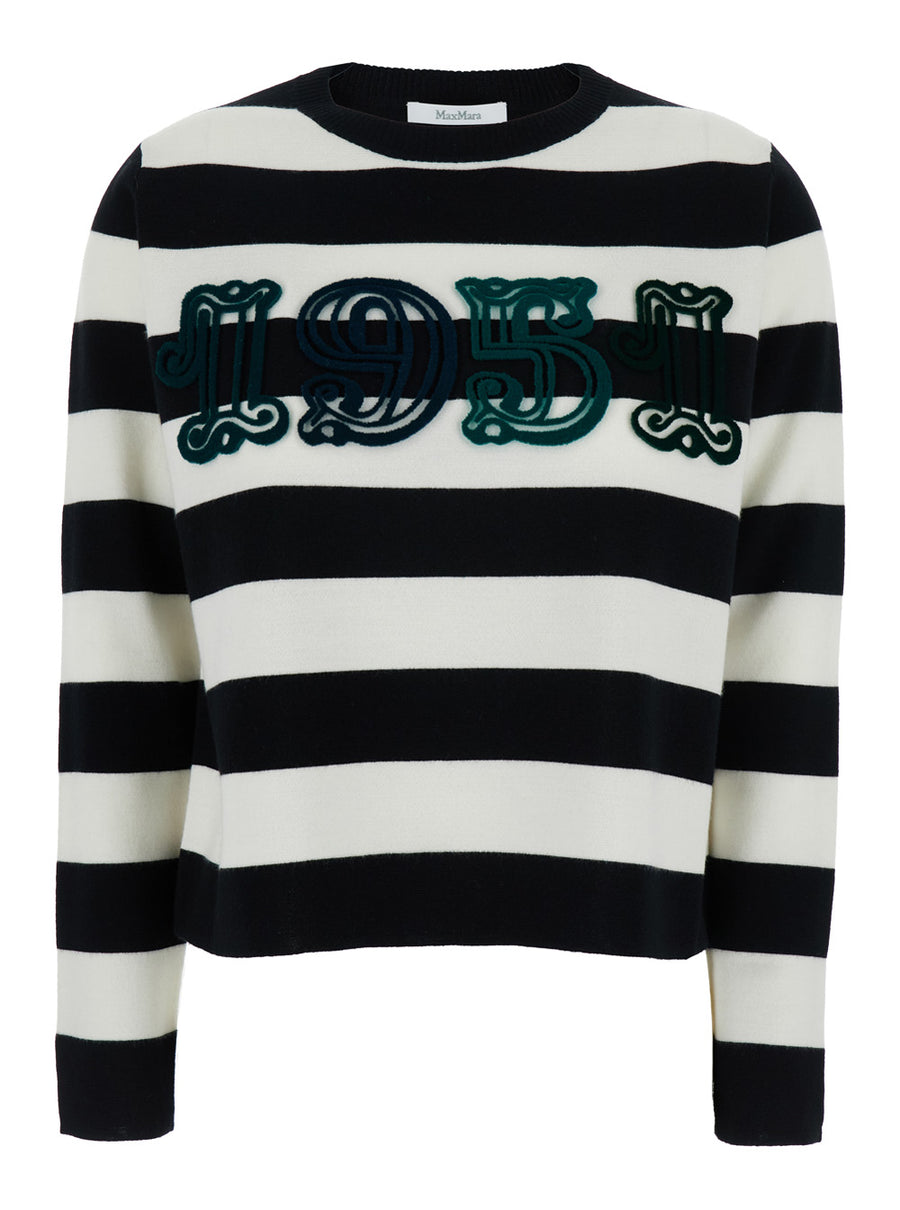 Black And White Crewneck Sweater With Embroidery White/black Virgin Wool Tops