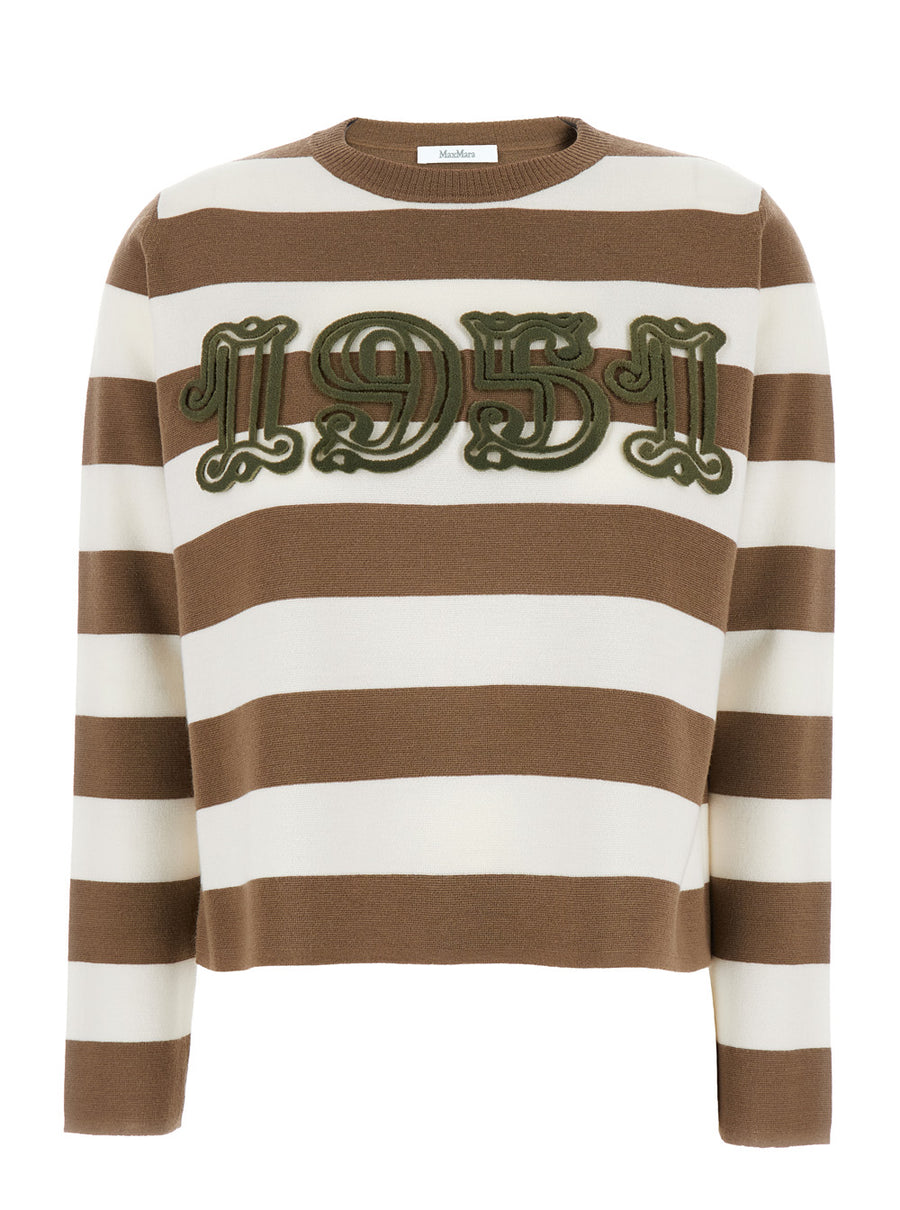 Sweater Beige With Embroidery And Stripes Multicolour Virgin Wool Tops