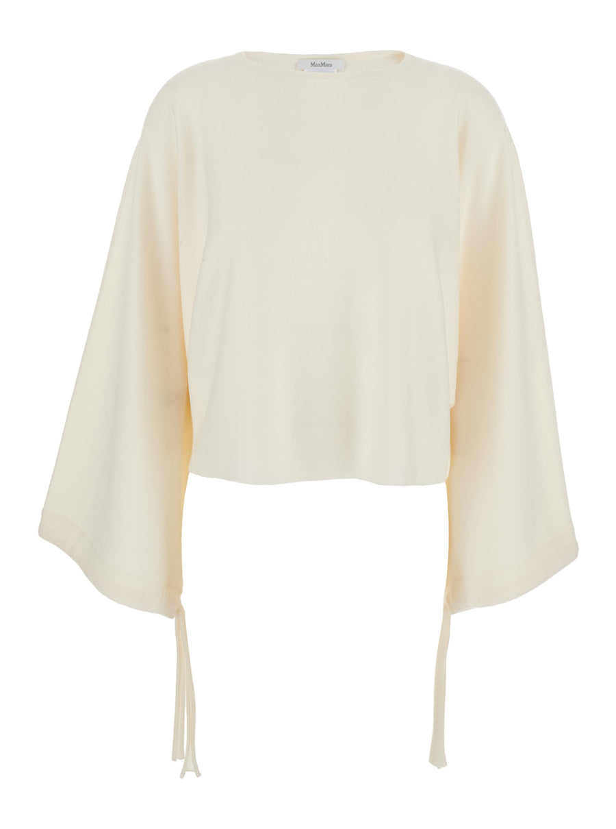 White Round Neck Sweater With Wide Sleeves Virgin Wool Tops