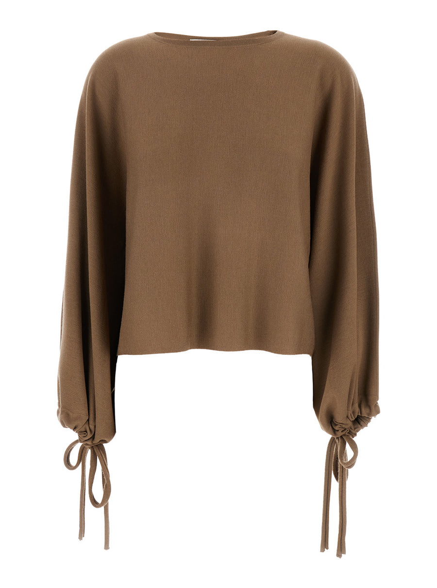 Brown Crewneck Sweater With Ties Virgin Wool Tops
