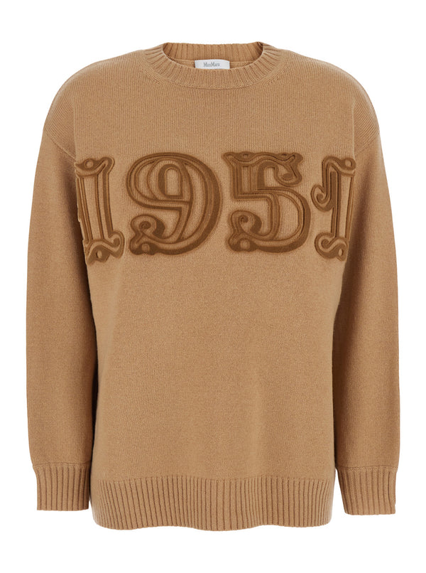 Beige Crew Neck Sweater With Embroidery Wool Tops