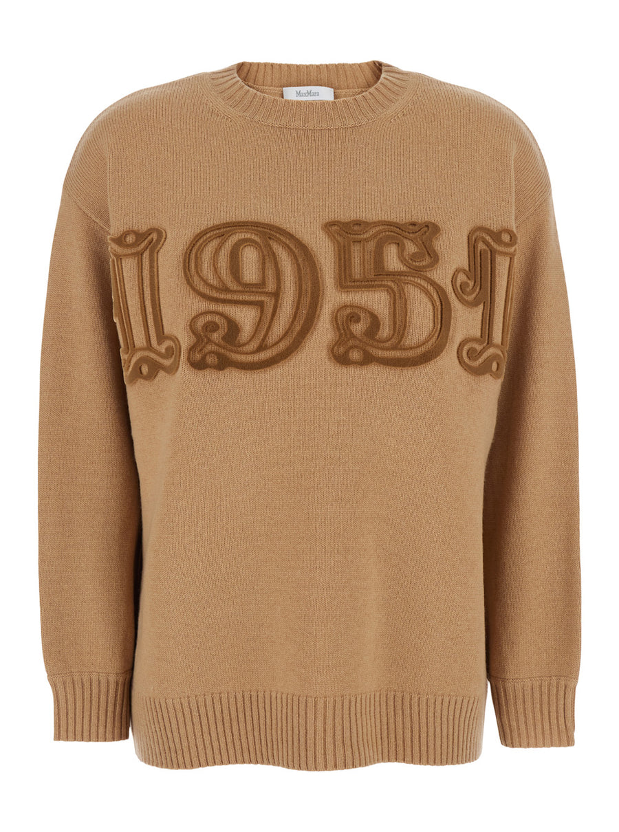Beige Crew Neck Sweater With Embroidery Wool Tops